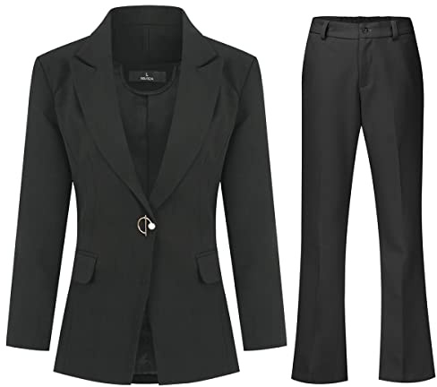 YUNCLOS Tailleur Femme Ensemble Pantalon Casual Blazer 2 Pièces Bureau Slim Un Bouton Costumes Officiel,Noir,XS