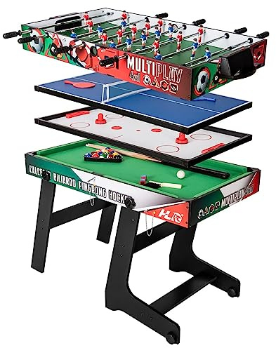 HLC Mesa Multijuegos 4 en 1,Mesa de fútbol Plegable Cuenta con un Poste telescópico,incluidos fútbol, ​Billar, Snooker,Tenis de Mesa y Hockey,lo Que la Hace Ideal para familias con Adultos y niños.