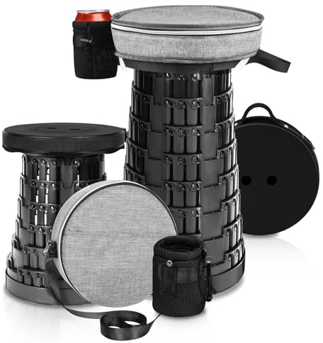 Fuairmee Collapsible Stool - Upgraded with 3 Slides Load Capacity 600lbs, Folding Camping Stool with 3-in-1 Carry Bag, Lightweight Sturdy Retractable Suitable for Camping Fishing Hiking BBQ (Black)