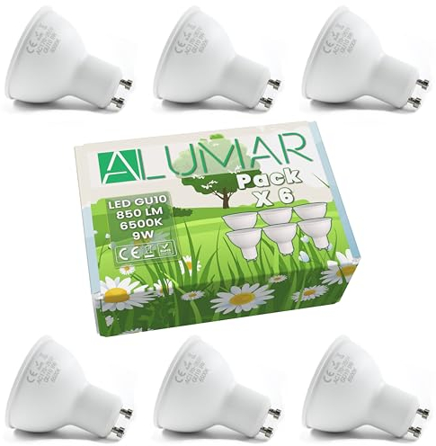 Pack de 6 Bombillas LED GU10 de 9W Luz Blanco Frío 6500K, 850 Lúmenes (equivalente a 80W), Bombillas de bajo consumo, Ángulo de haz de 120°, CRI 80, sin parpadeos, hogar, oficina, tienda, baño.