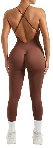RXRXCOCO Combinaison côtelée à bretelles spaghetti pour femme, coupe ajustée, dos nu, rembourrée, minceur, pour yoga, sport, une pièce, marron, L