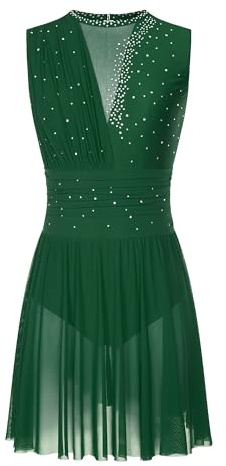 CHICTRY Women's Lyrical Dance Costume Keyhole Ruched Modern Contemporary Dance Dress Leotard Green S