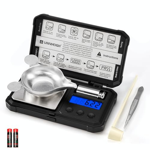 UNIWEIGH Milligramm-Waage 50g/0.001g Hochpräzise, Digitale Schmuckwaage Mit LCD/Tara, 6 Einheiten, Mikro-Gramm für Pulver, Medizin, Münze, Gold, Reloading - Inkl. Cal Weight, Batterien