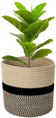 Maceta con forro para plantas de interior, maceta plegable de algodón, cesta de almacenamiento tejida para plantas, macetas, organizador de juguetes de lavandería (amarillo con negro, 20 x 20 cm)