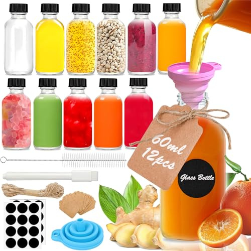 Rliocvhe 12 Pezzi Bottigliette di Vetro Piccole, 60ml Mini Bottiglie Vetro, Riutilizzabile Shot Bottigliette per Zenzero, Liquori, Bevande e Spezie con Coperchi Etichette Imbuto ed Spazzola