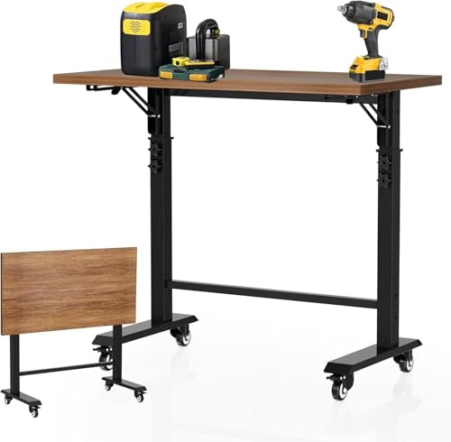 POWSTR 120cm Workbench On Wheels,Foldable Workbench With 500KG Load Capacity,5-Level Height Adjustment,Wooden Workbench Suitable for Garages,Offices,and Homes
