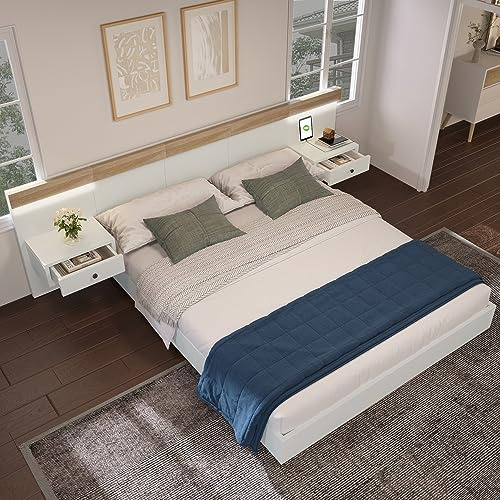 Set completo para dormitorio, 140 x 200 cm, cama matrimonial con 2 cajones, mesitas de noche, conectores USB/tipo C y mesitas de noche LED incluidas, cama de madera (roble Sonoma+blanco (con mesita de