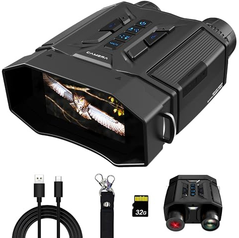 Frelisty Night Vision Goggles for Adults, Night Vision Binoculars with 7-Level IR, 8X Digital Zoom, 4000mAh Battery, 32GB Card, Gifts for Men Husband Boyfriend Him, Hunting Camping Security(Black)
