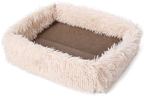 HEEZOU Cama ergonómica para gatos con poste rascador de papel corrugado para entretenimiento interior de mascotas, ahorro de espacio, lugar de descanso para gatos, cama rascadora