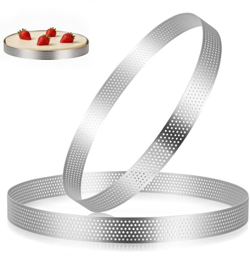TOKIDNY Stainless Steel Tart Rings for Baking 2Pcs Round Cake Ring Set 20Cm and 18Cm Perforated Non-Stick Baking Rings for Tart Molds Mousse Cake Molds Pastry Rings Layered Desserts