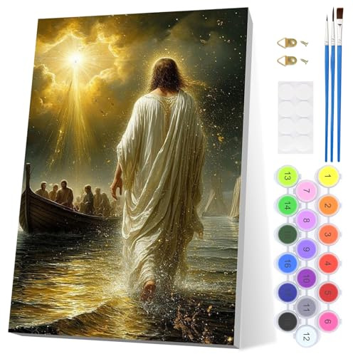 EOBROMD Jesús Pintar por Numeros Adultos, Atardecer Pintura por Numeros con Marco, Kit de Pintura al óleo de Lienzo DIY para con Pinceles, Pigmento Acrílico, Decoración para el Hogar 20x30cm