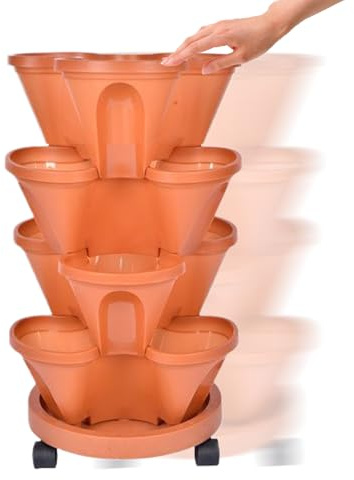 Vaso per fragole, contenitore impilabile a 4 ripiani, drenaggio automatico, per esterni, con ruote e vassoio inferiore, per piantare fragole, verdure, frutta, interni ed esterni