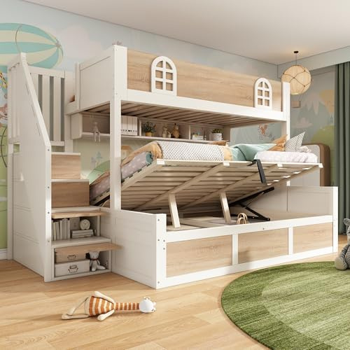 Ojjxh Bunk Beds for Kids, (90+135)x190 Loft Bed with Hydraulic Storage, Double Children's Bed, Modern High Sleeper Wood Bed Frame with Storage Stairs and Slatted Frame, for Family Bedroom, No Mattress