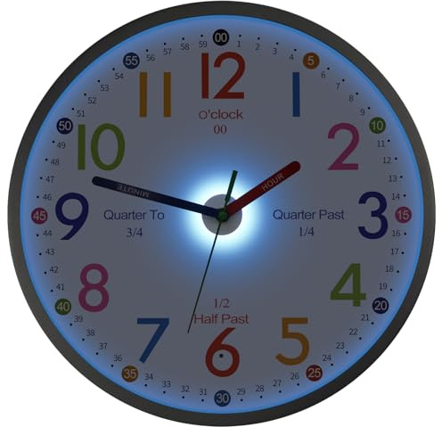 JoFomp Telling Time Teaching Clock, 8 Inch Illuminated Wall Clock for Kids Bedroom, LED Wall Clocks Battery Operated, Silent Learning Clock for Kids, Teachers & Classroom, Light Sensor - Auto Lighting