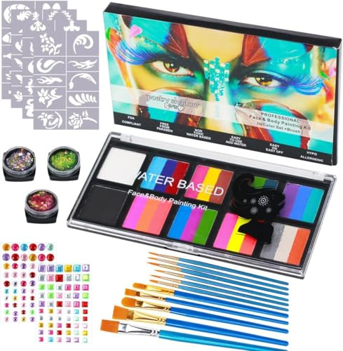 Truccabimbi Trucco per Bambini, Truccabimbi Kit Anallergici Atossici 26 Colori per Body Painting, Trucca Bimbi Viso con 40 Stencil Tatuaggio, Adatto per Halloween, Carnevale, Natale