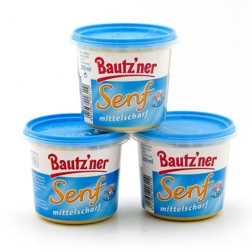 BAUTZ‘NER Senf mittelscharf - 3er Set (3x200 ml) Eimer Mittelscharfer Senf – Original Bautz‘ner Rezeptur seit 1955 – Ohne Zusatz von Konservierungsstoffen und Geschmacksverstärkern – Senf