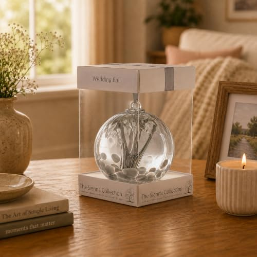 Sienna Glass Wedding Spirit Ball – 10cm Handcrafted Mouth-Blown Silver Glass Hanging Ornament – Wedding Gift for Bride & Groom – Gift Boxed with Ribbon