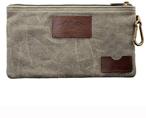 All Purpose Utility Zipper Pouch, EDC Organizer, Water Resistant, Durable Waxed Canvas with Full Grain Leather, Carabiner, Inner Pockets, Office Work Essentials, Charger Case, Pencil Case. Olive.
