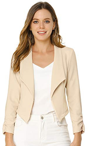 Allegra K Women's Work Office Cropped Jacket Notched Lapel Long Sleeve Open Front Short Blazer Beige L