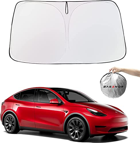 BASENOR Parasol para Tesla Model Y Model 3 (2019-2025) Parasol Plegable para Parabrisas Delantero, Doble Capa, con Bloqueo de luz y Bolsa de Almacenamiento, Accesorios Tesla