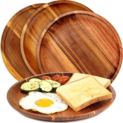 Assiettes en bois (lot de 4 à 27,9 cm) Assiettes rondes en bois d'acacia Assiettes classiques incassables, faciles à nettoyer et légères pour vaisselle, snack, dessert, pendaison de crémaillère,