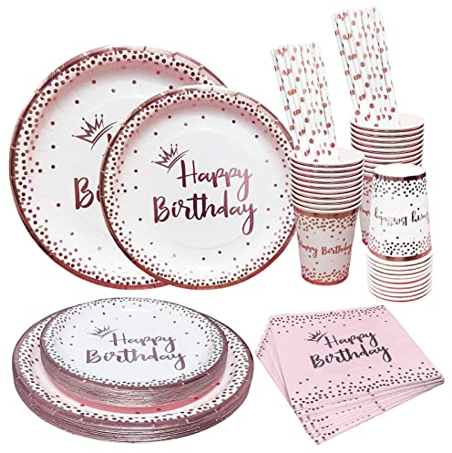 Bymivofun 100 Pcs Or Rose Vaisselle D'anniversaire, pour 20 Invités, Papier Joyeux Anniversaire Fête Fournitures, pour Filles Femme Anniversaire Thème Fête Douche Décoration