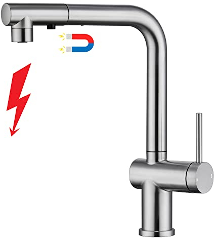 YardMonet Robinet de cuisine basse pression en acier inoxydable brossé, robinet de cuisine basse pression extensible avec douche magnétique, pivotant à 360 °, robinet de cuisine basse pression 3 ports