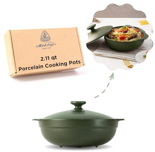 MINH LONG 2-Qt Porcelain Dutch Oven Pot with Lid – Non Toxic Clay Pot for Cooking on Gas & Infrared Cooktop, Lead & Cadmium Free, Oven Safe to 482°F, Heat Retention, Use to Marinate, Cook, Bake, Refrigerate & Serve