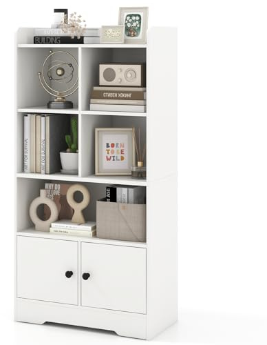 COSTWAY Wooden Bookcase, Freestanding Storage Bookshelf Cabinet with 4 Cubes, Open Shelves & 2 Doors, Display Rack Shelving Unit Cupboard for Living Room, Bedroom, Hallway and Office (White)