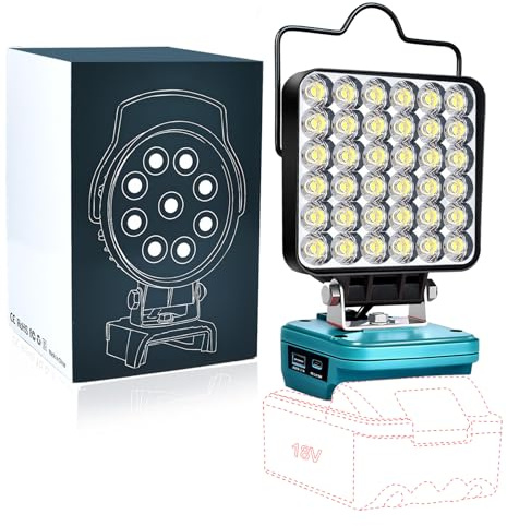 Upgraded Work Light for Makita 18V Battery,72W 6800LM Portable Cordless Floodlight with USB&Type C Fast Charging Port for Makita Tools,LED Spotlight for Camping,Fishing,Workshop(No Battery)
