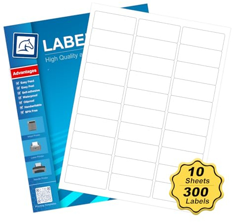 Pony Packaging 1 x 2-5/8 Blank Labels Address Mailing Shipping Address Labels, Laser/Inkjet Label Printer White Blank Mailing Labels, Permanent Adhesive (10 Sheets, 300 Labels) （HB-R030）