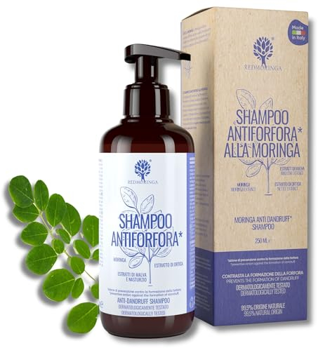 Shampoo Antiforfora EcoBio | Contrasta e previene la Forfora | Shampoo Dermatite Seborroica purificante | 99,5% Naturale Senza SLS e ASL | Con Moringa, Malva Nasturzio e Ortica - 250ml | RedMoringa