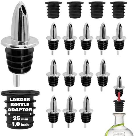 ESATTO 12 Pack Classic Chromed Bottle Pourers, Liquor Pourers for Alcohol, Olive Oil, Bartender Accessories Includes 4 Liquor Pourer Adapters for Large Neck Bottles such as Patron Don Julio Tequila