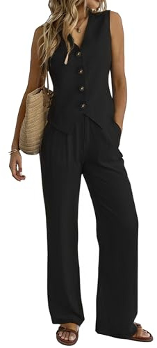 Women's 2 Piece Outfits Linen Vest Waistcoat Dressy Casual Sets Wide Leg Pants Suits Black