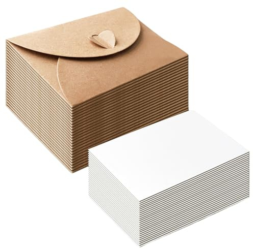 50 Pièces Petit Carte en Papier Kraft avec Enveloppe, Mini Carte Invitation Kraft, Cartes Vierges Blanches avec Fermoir Coeur Vierges pour Noël Fête d'Anniversaire Mariage Félicitation (B)