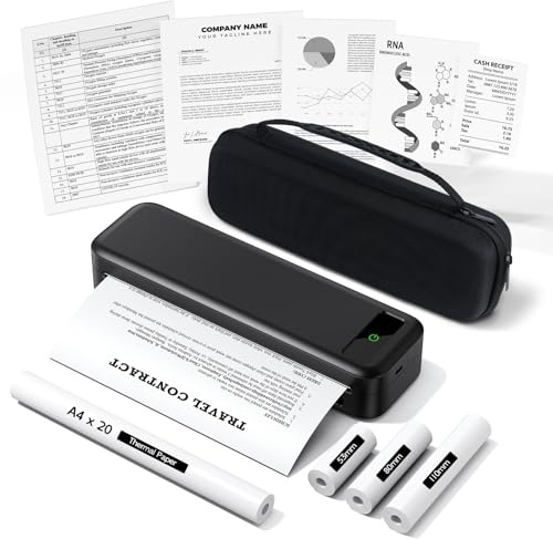 Imprimante Thermique Portable A4 sans Encre Mobile Bluetooth avec iOS et Android, Équipé d'une Mallette et de 4 Rouleaux de Papier Thermique, Convient pour les Voyages, le Bureau et la Maison - Noir