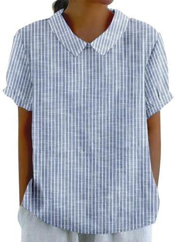 Generico Camicia di Lino Donna Estiva Eleganti, Camicette Donna Manica Corta Casual Camicetta e Colletto a Revers Bluse e Camicie Taglie Forti Top Leggera Camicie Tinta Unita Maglietta per L'Estate
