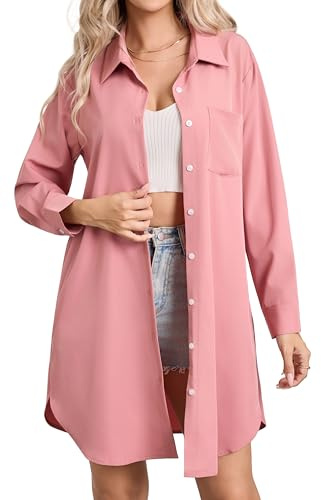 Enmain Womens Long Sleeve Blouse Shirt Dress Button Up Tunics with Pockets Casual Blouses Tops Dusty Pink XXL