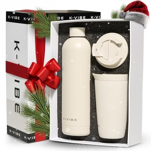 Thermobecher 350ml & Edelstahlflasche Geschenkset | Thermo-Kaffee-Becher mit Quick-Press Deckel | rutschfester Boden, BPA-freier Isolierbecher Coffee-Cup to Go | Für Büro, Uni & Alltag | K-VIBE