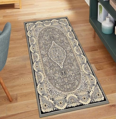 QQrunner Alfombra de pasillo lavable, larga venta por metros, vintage, gris, 60 x 120 cm, alfombra de cocina, antideslizante, pasillo, pasillo, poliéster, salón, alfombra atrapa la suciedad