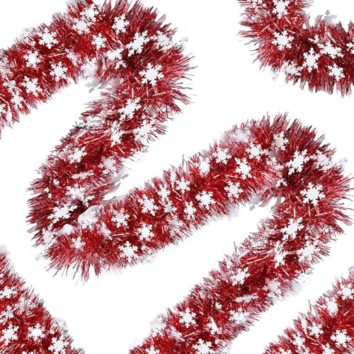 Risipu Guirlande de Noël de 10 m en tinsel rouge métallique brillant épais avec tinsel de flocons de neige blancs pour décoration de sapin de Noël, décorations de Noël, mariage, anniversaire, fête du
