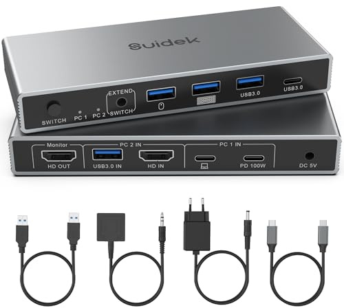 KVM Switch USB-C+HDMI 2 Ingressi 1 Uscita con 3 Porte USB A+1 Porta USB C 3.0 4K@60Hz, Condivisione Monitor, Tastiera, Mouse e Stampante tra 1 Laptop e 1 Desktop. Include Cavi USB, Alimentatore