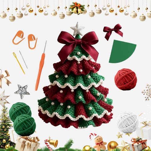 Kenmohuo Christmas Tree Crochet Decorations Kit, DIY Christmas Patterns Yarn Craft Knitting Kit for Beginners, Handmade Holiday Ornament Decor Material with Bow Stars and Pearls