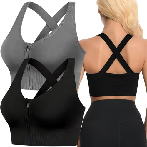 FVXYnnv 2 Pack Sujetador Deporte Mujer,Cremallera Delantera Espalda Cruzada | Impacto medio para Running Yoga Gimnasio Fitness o Postoperatorio