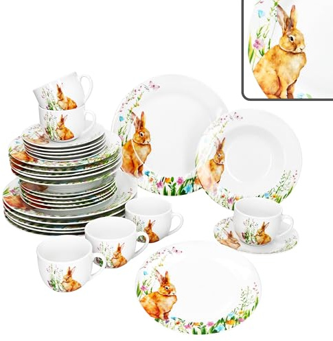 MamboCat Servizio da tavola in porcellana primaverile, 30 pezzi, decorazione coniglietto pasquale per 6 persone, 6 tazze, piattini, piatti da torta, piatti fondi e piatti piani