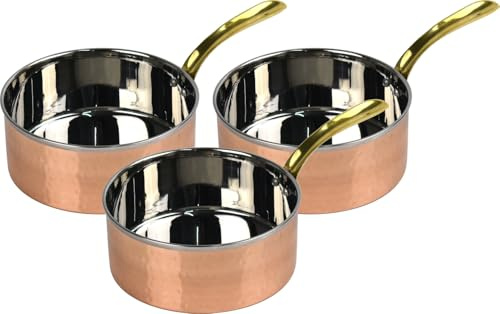 Copper Sauce Pan Set 3 Pieces Stainless Steel with Hammered Copper Brass Handle for Cooking & Serving (3X 530ml Capacity)