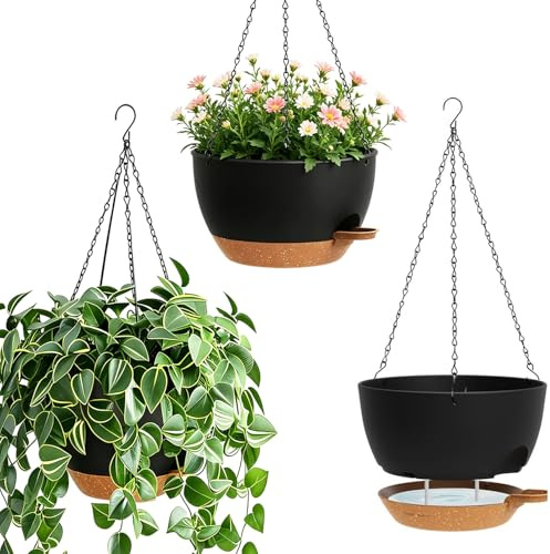 BOYIFEIJIE Juego de 3 cestas colgantes para plantas, 25 cm, con sistema de riego, maceta colgante para interior y exterior, balcón, salón (negro)