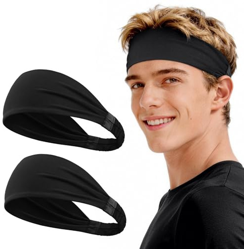 Awumbuk Bandeau Cheveux Homme, Respirant Et Absorbant Bandeau Sport, Elastique Antidérapant Hairband Unisexe pour Sport Gym Course Idéal, Noir Gris 2PCs