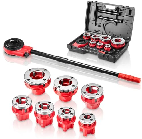 VEVOR Kit de Roscado de Tuberías con Trinquete, Roscadora Manual para Tubos con Trinquete, Juego de Terrajas con 7 Medidas BSPT de 3/8 a 2 NPT, Mango y Maletín Portátil para Instalación y Reparación