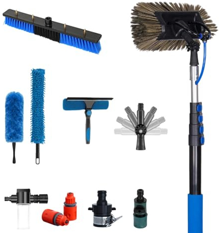 Carbon Fiber Extension Pole Water Fed Scrubber for Solar Panel Cleaning, Telescopic Window Brush Squeegee Kit with Soap Pot, Outdoor House Siding Cleaner Tool System(10.8m(36FT))